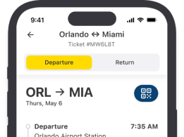 Top half of a smartphone displaying a Orlando to Miami route