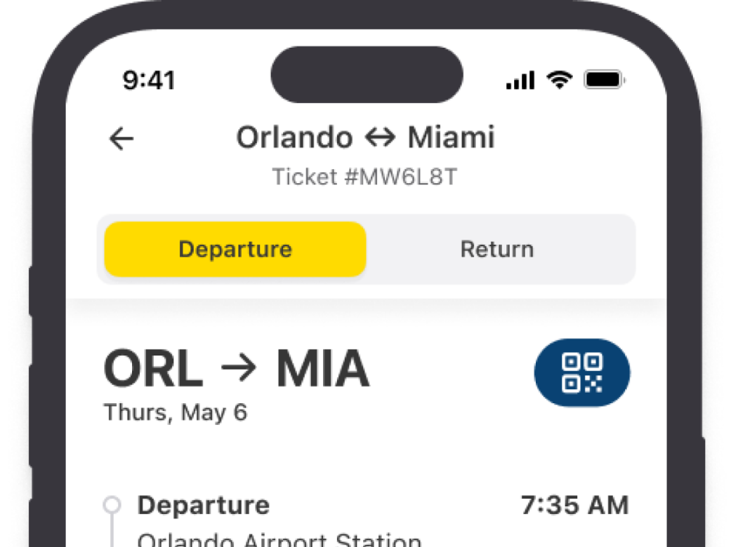 Top half of a smartphone displaying a Orlando to Miami route