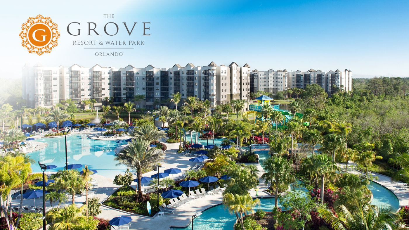 Panoramic view of The Grove Resort and Water Park in Orlando with multiple pools surrounded by lush palm trees. A large multi-story resort building stretches across the background under a clear blue sky. The resort name and location, The Grove Resort & Water Park Orlando, appear prominently in the upper left corner.