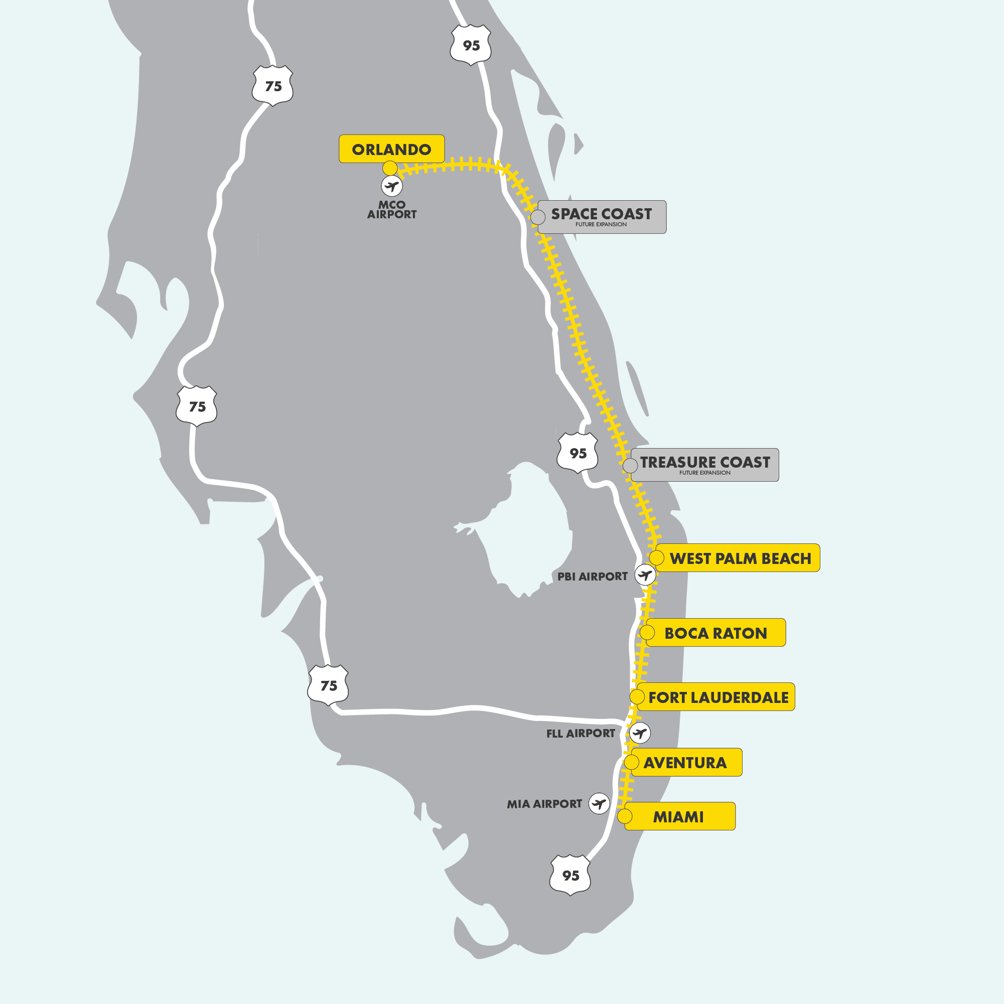 Map of Florida with Brightline yellow tracks running through